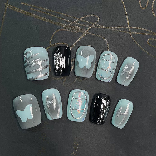 Blue Glass Butterfly coffin / tapered press-on nails product view