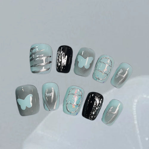 Blue Glass Butterfly coffin / tapered press-on nails detail view 2